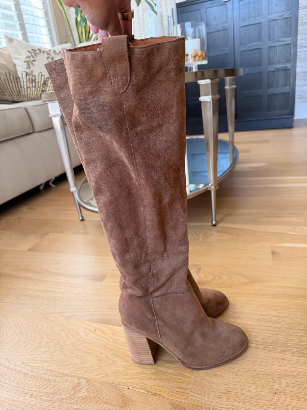 Vici Tall Suede Block Heel Boots in Brown